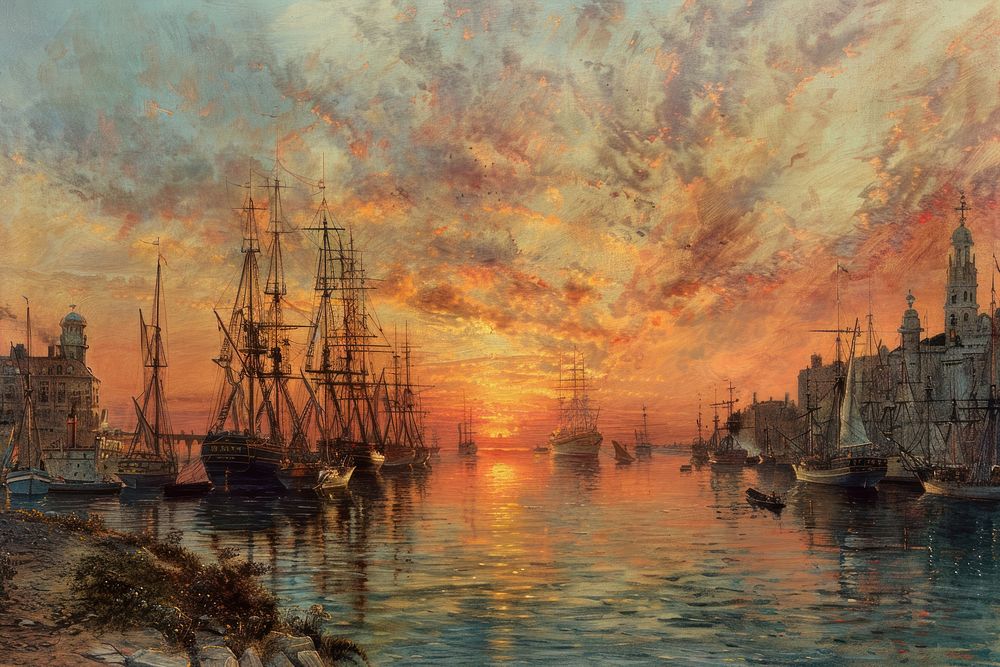The cityscape waterfront painting art.