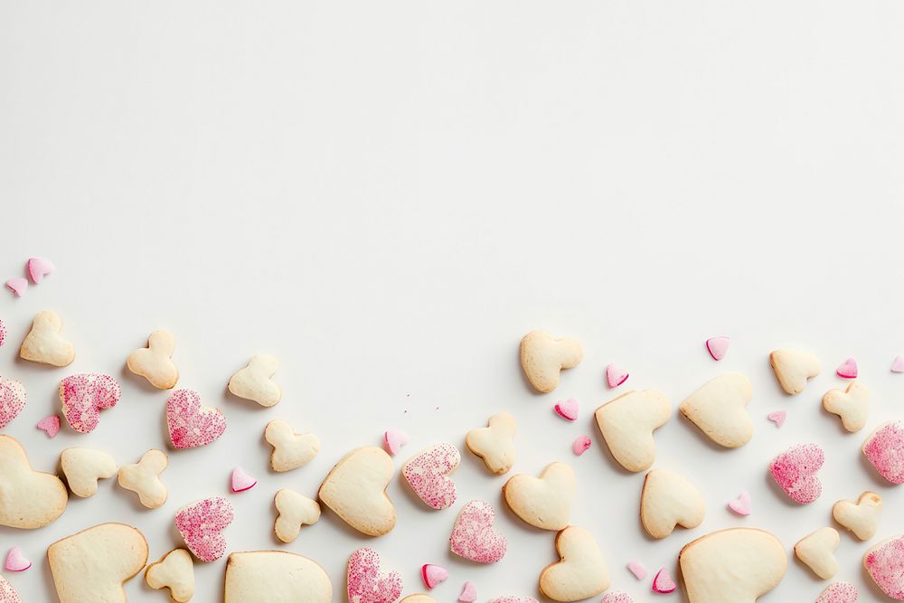 Heart shape-biscuit confetti border confectionery blossom sweets.