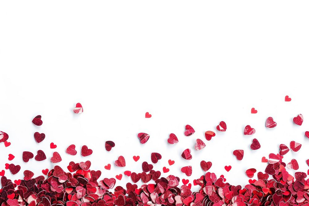 Red hearts confetti border blossom flower petal.