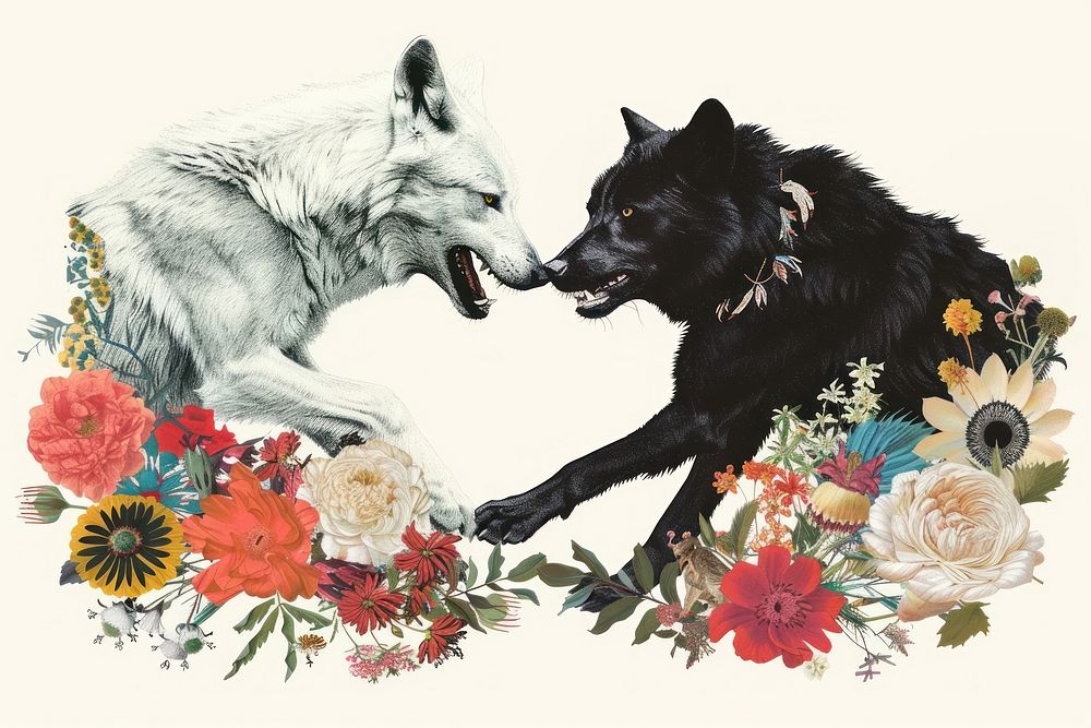 A black wolf fight with white wolf flower graphics blossom.
