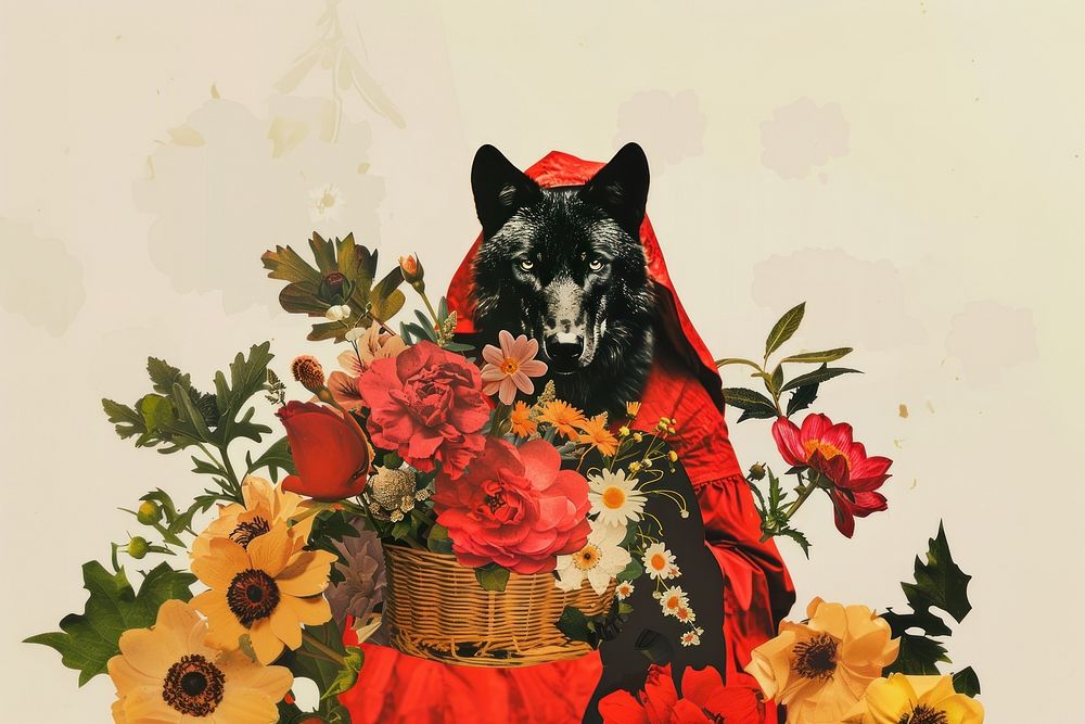 A black wolf flower painting graphics.