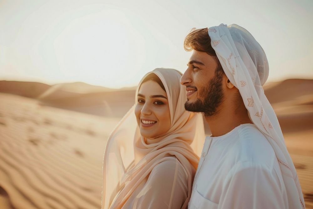 Middle East joyful couple bridegroom clothing apparel.