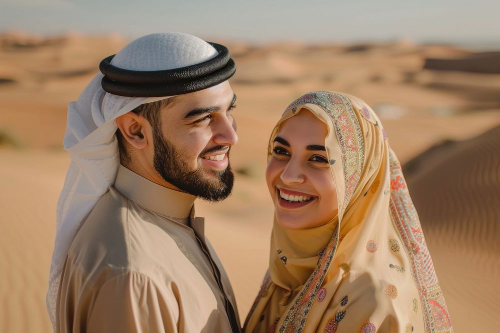 Middle East joyful couple clothing outdoors apparel.