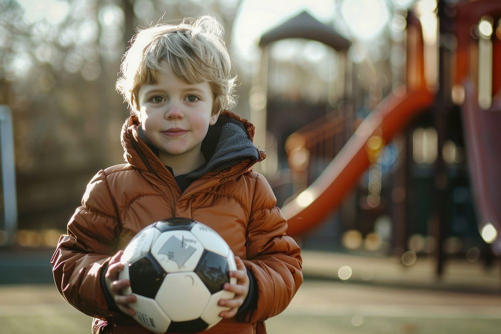 A boy holding soccer playground photo photography.