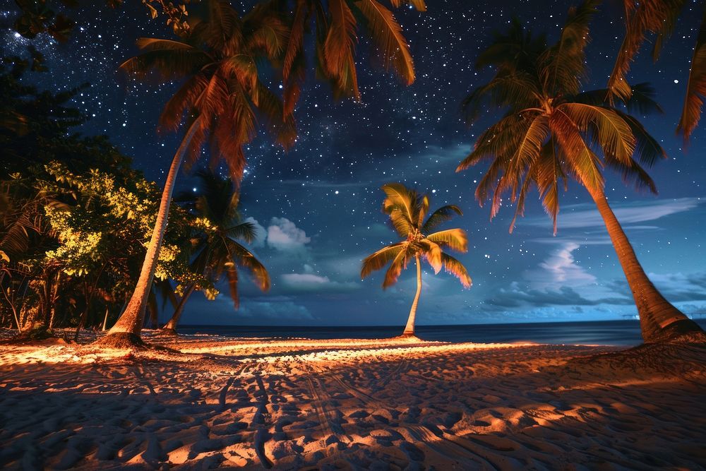 Coconut trees at beach night shoreline landscape.