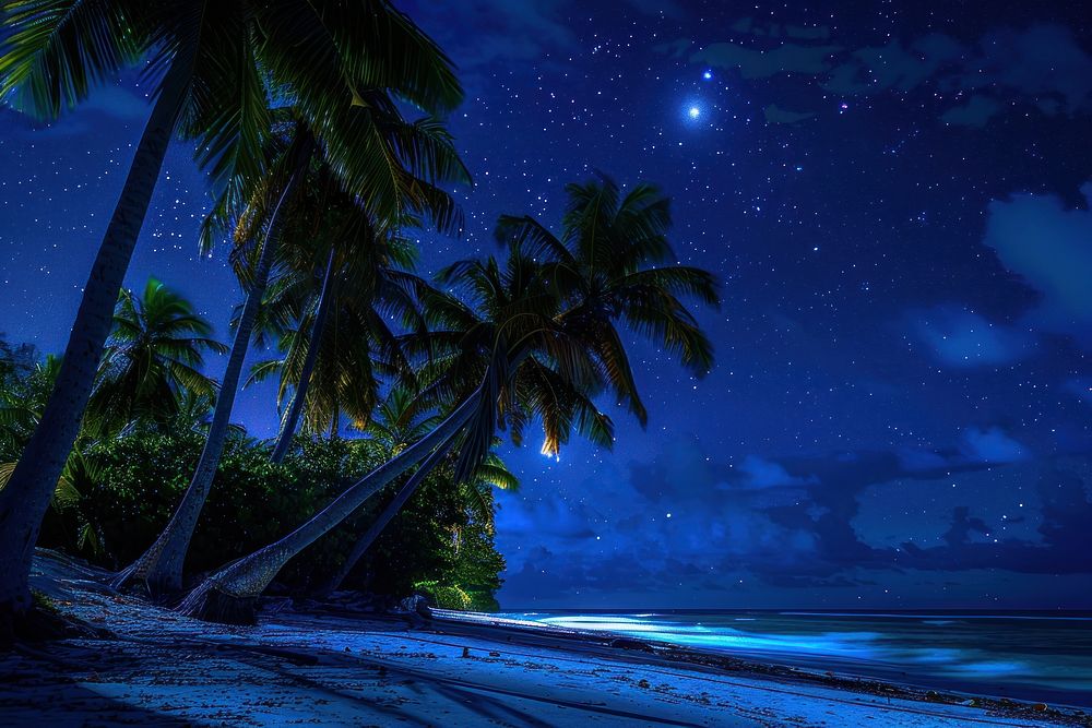 Coconut trees at beach night shoreline landscape.