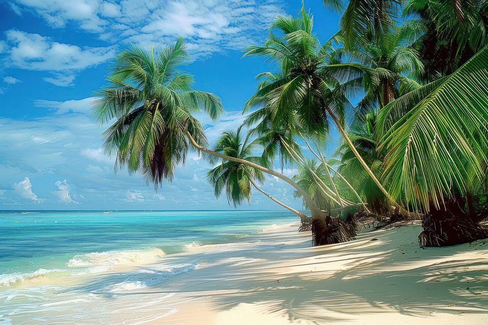 Coconut trees at beach landscape shoreline arecaceae.