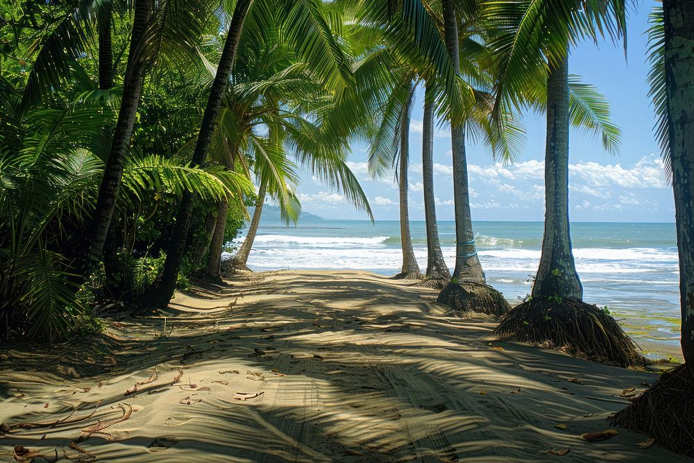 Coconut trees at beach vegetation rainforest shoreline.