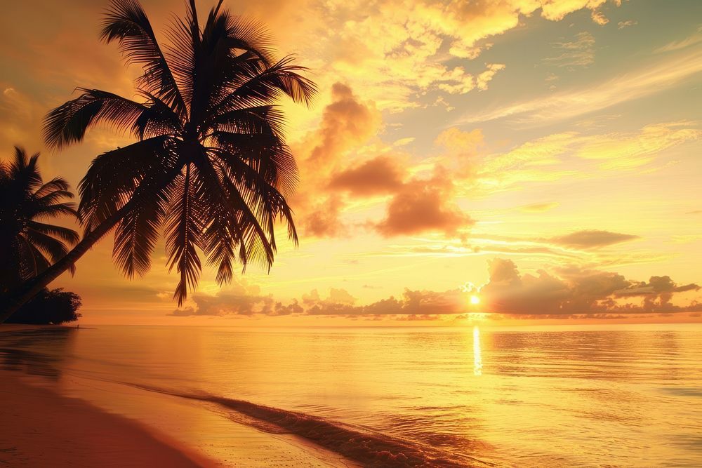 Coconut trees at beach sunset shoreline landscape.