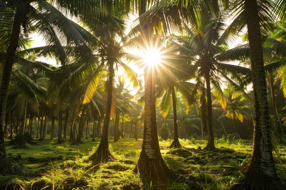 Coconut trees farm light vegetation rainforest.