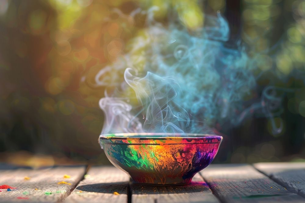 Color holi fog on bowl cookware smoke food.