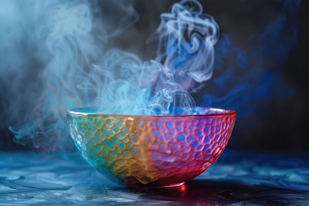 Color holi fog on bowl smoke food cup.