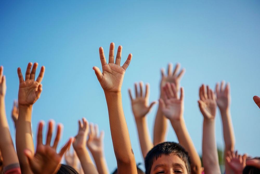 Kids raising hands up celebrating finger person.