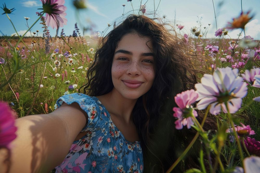 Middle eastern woman flower summer photo.