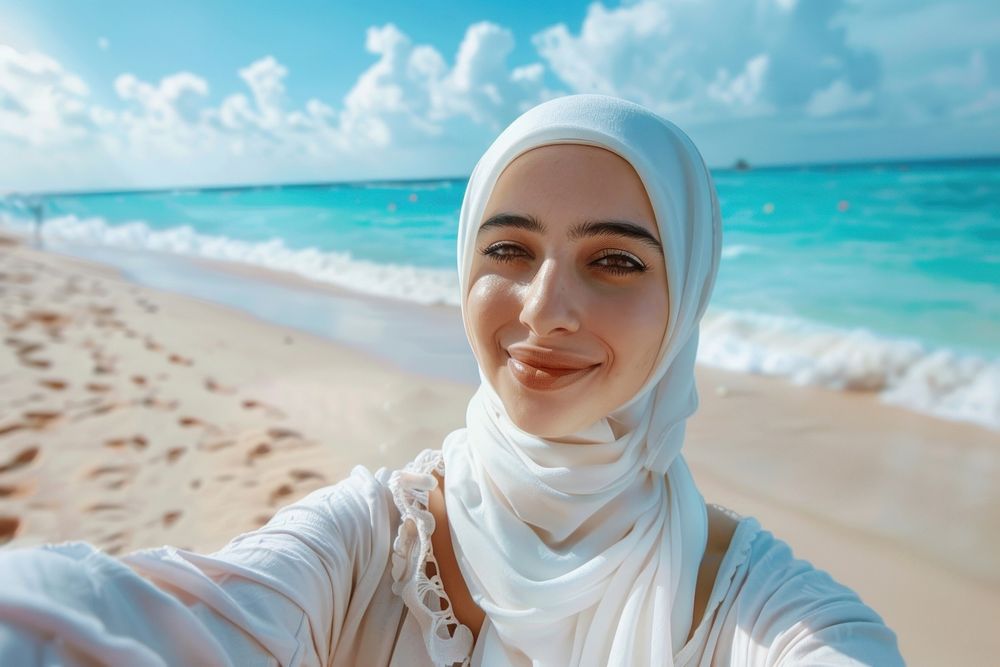 Middle eastern woman selfie outdoors clothing.