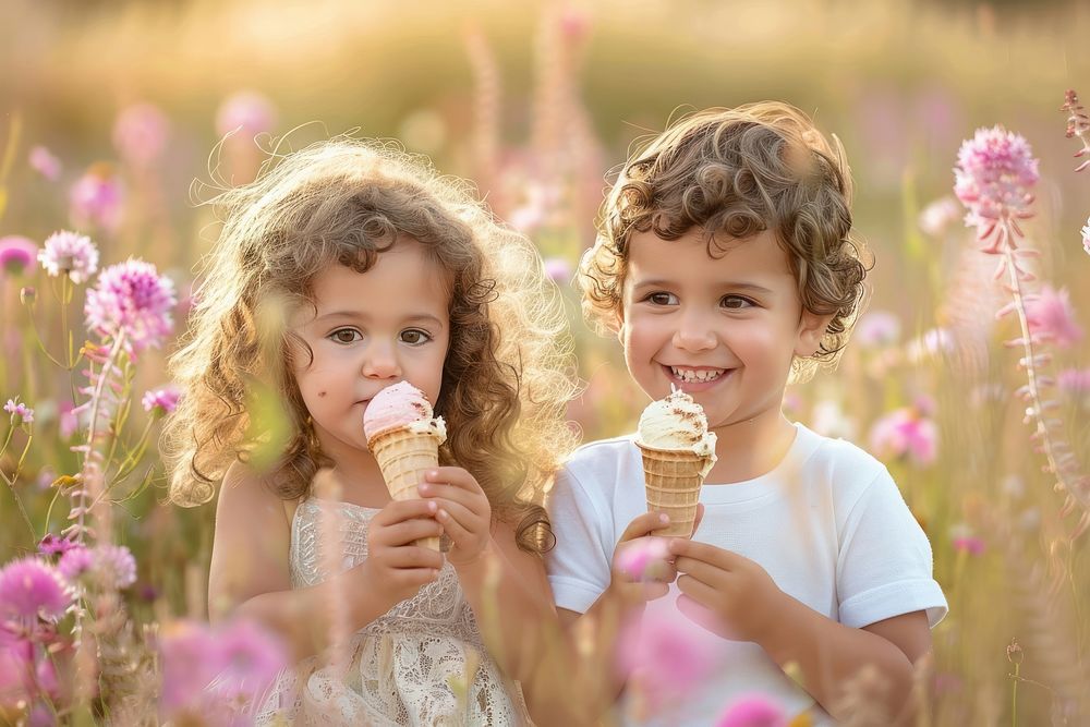 Middle eastern little boy and girl cream ice cream dessert.