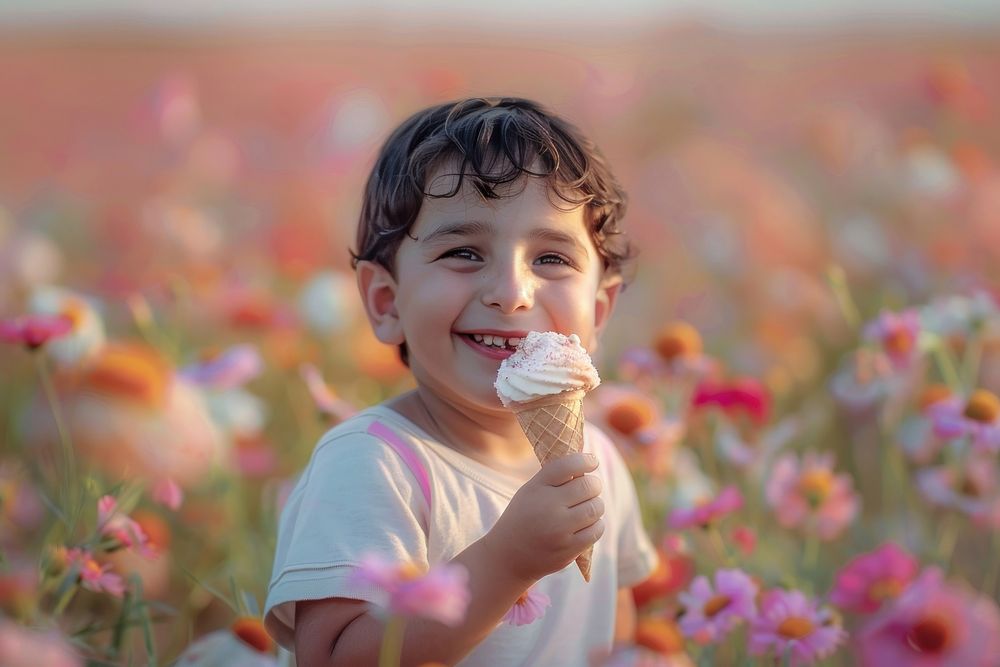 Middle eastern little boy cream ice cream dessert.