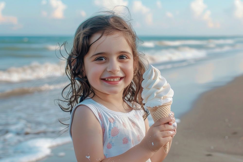 Middle eastern little girl cream photo beach.