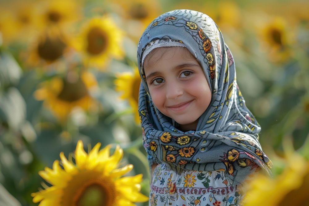 Middle eastern little girl sunflower clothing apparel.