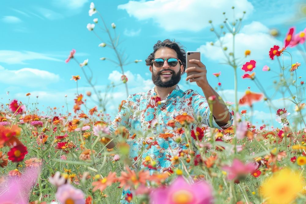 Middle eastern man selfie flower photo.