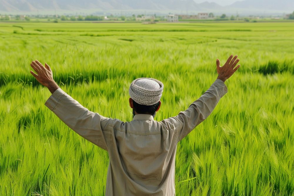 Middle eastern man field countryside triumphant.