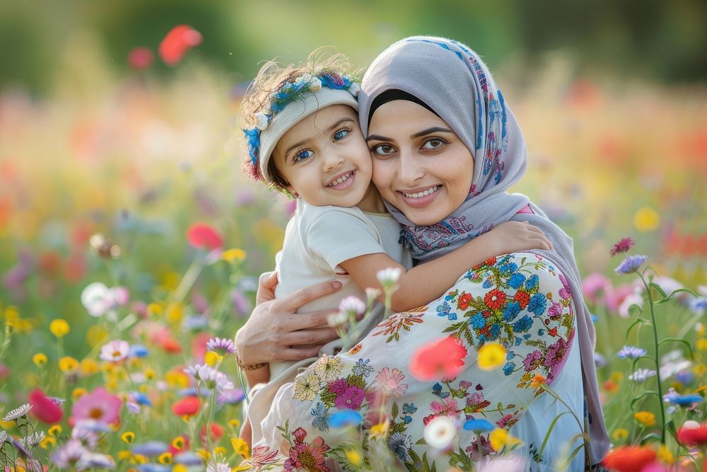 Middle eastern mother and bay flower photo field.
