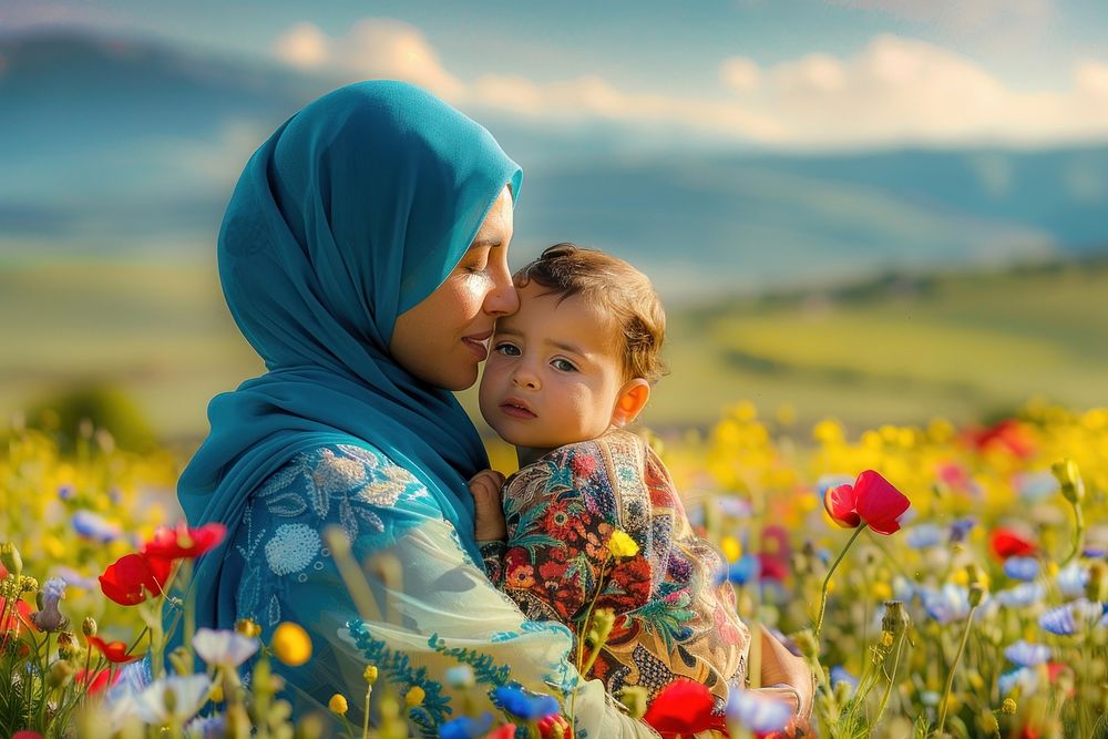 Middle eastern mother and bay flower photo field.