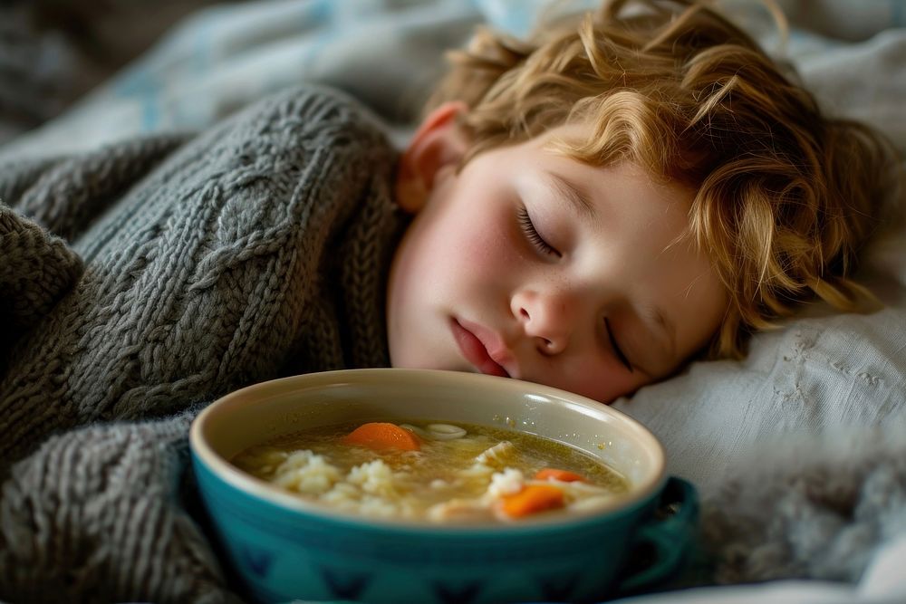 Sick kid sleeping bowl dish food.