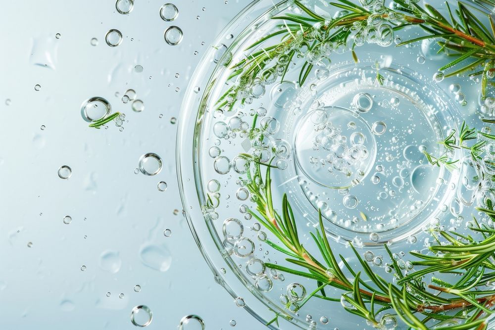 Rosemary oil bubble water outdoors droplet.