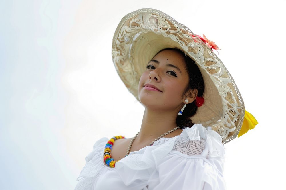The Latina Colombian woman hat accessories beachwear.