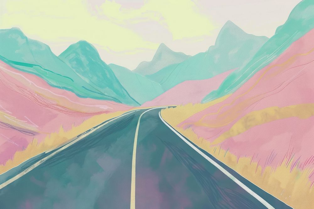 Road and mountain painting outdoors freeway.