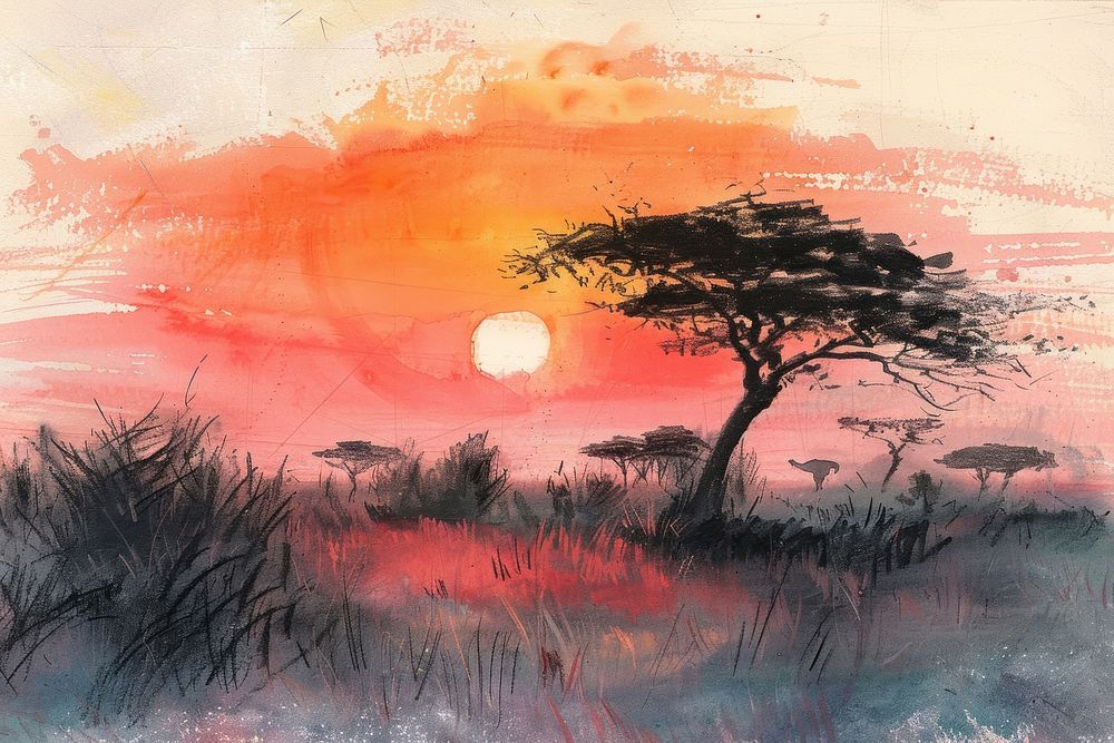 Silhouette sunset safari landscape painting grassland outdoors.