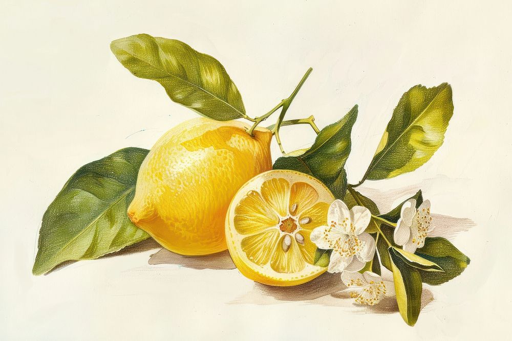 Whole lemon with lemon flower produce fruit plant.