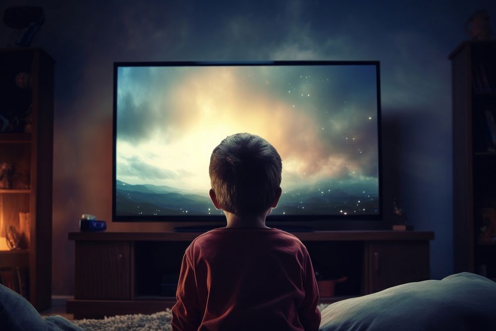 Kid watching TV electronics television furniture.