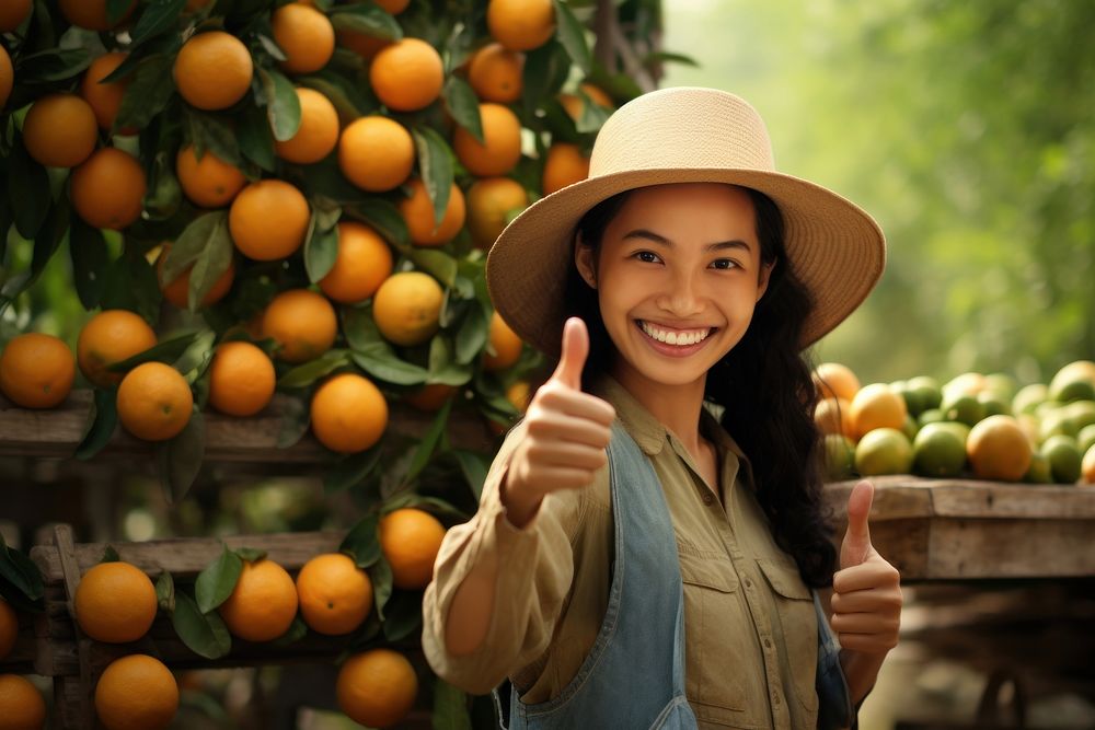Thai girl farmer orange grapefruit produce.