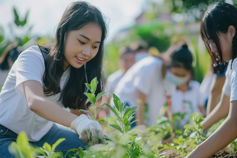 Volunteering wearing blank white mockup gardening outdoors clothing.