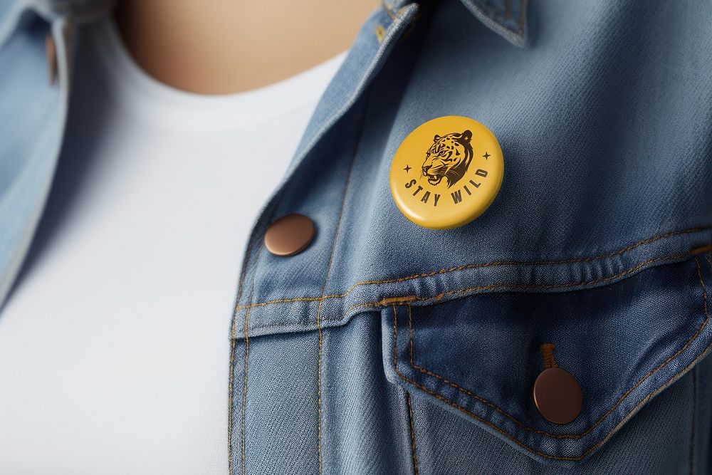 Yellow pin badge on denim jacket