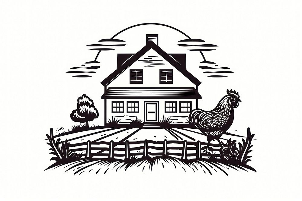 Farm house illustrated outdoors chicken.