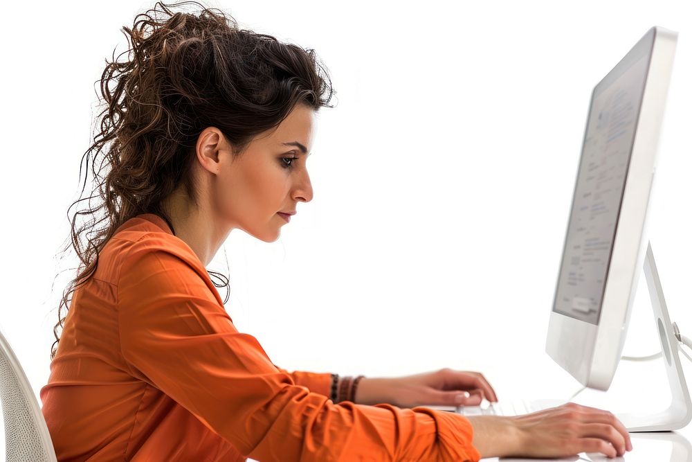 Woman backing up data to computer woman electronics hardware.