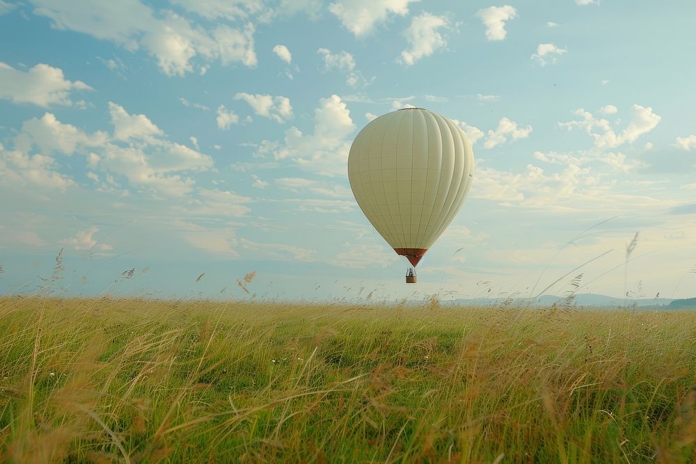 A white hot air balloon field grass transportation.