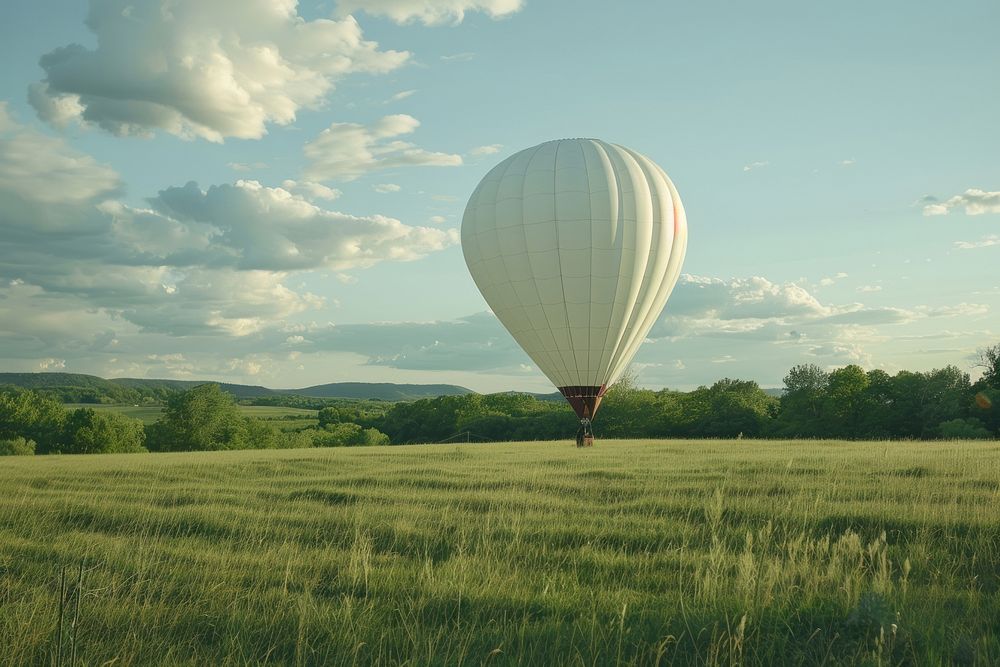 A white hot air balloon grass field transportation.