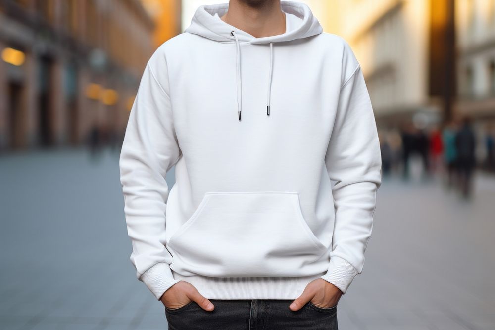 White hoodie mockup sweatshirt apparel city.