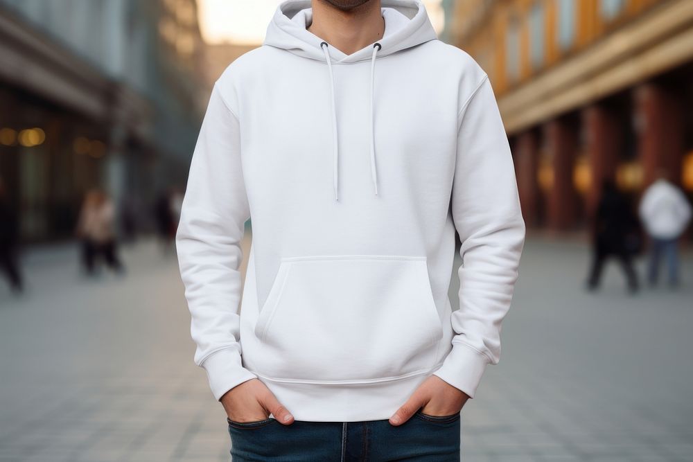 White hoodie mockup sweatshirt outdoors apparel.