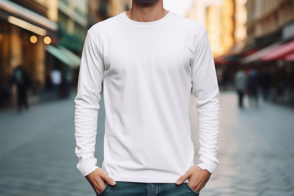 White long sleeve mockup outdoors sweater apparel.