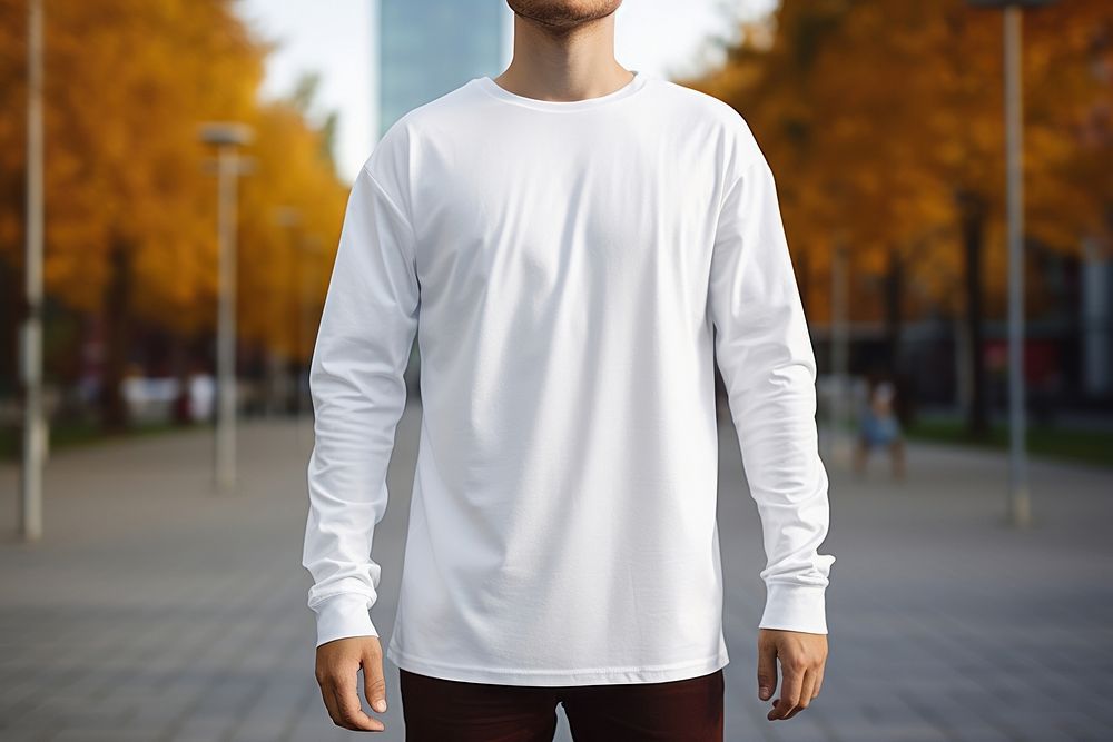 White long sleeve mockup outdoors apparel city.