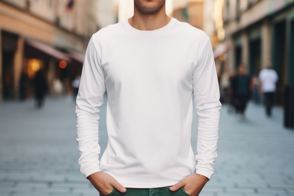 White long sleeve mockup sweatshirt outdoors t-shirt.
