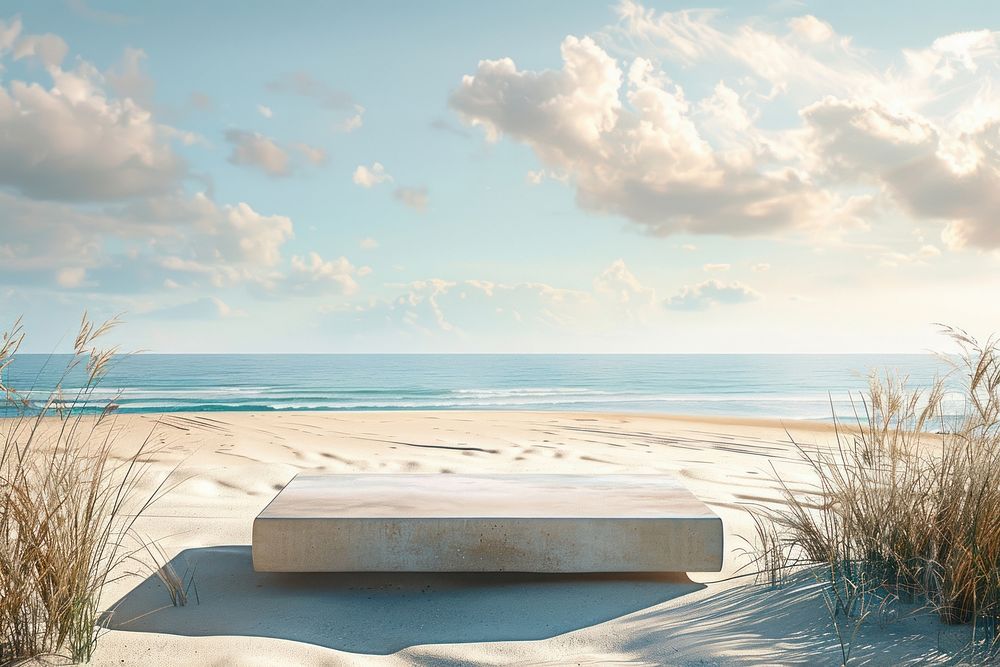 Product podium with beach furniture shoreline outdoors.
