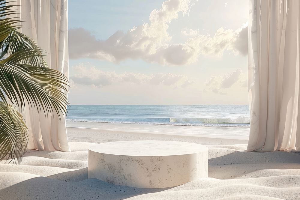 Product podium with beach furniture shoreline outdoors.