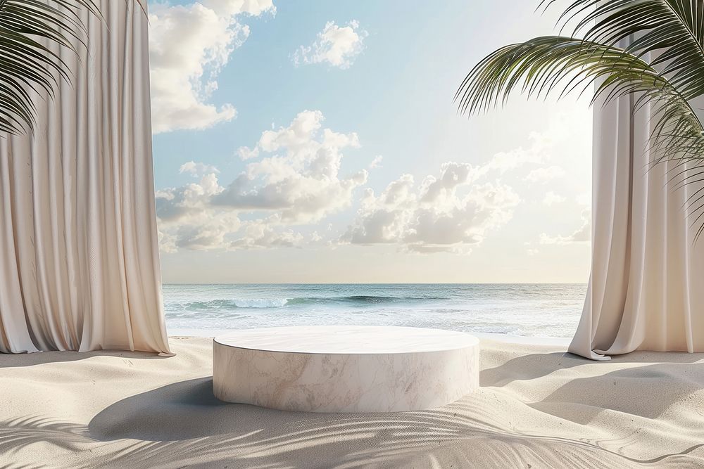 Product podium with beach furniture outdoors horizon.