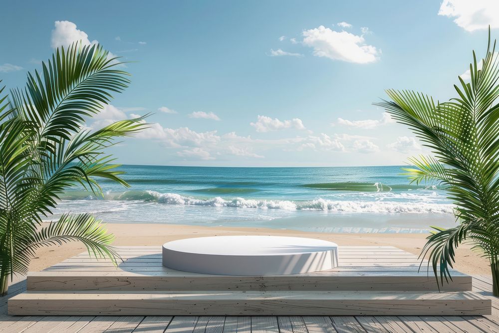Product podium with beach outdoors tropical horizon.